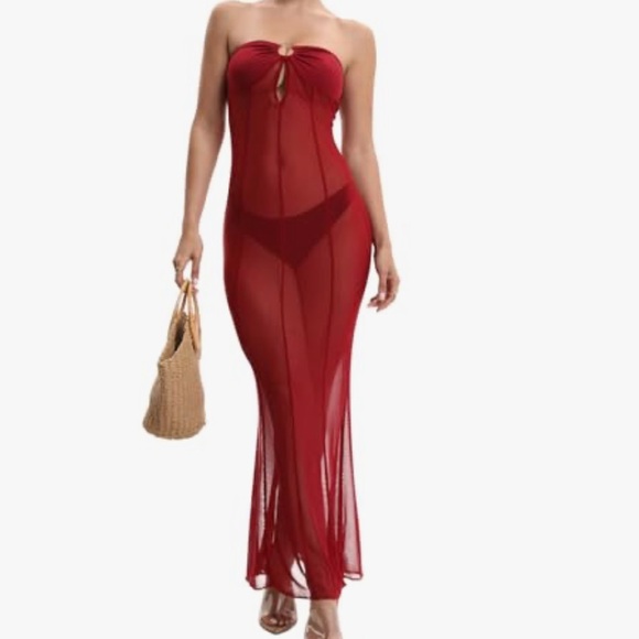 Longburgundy strapless dressduster Hollywood lingerie silhouette cover up